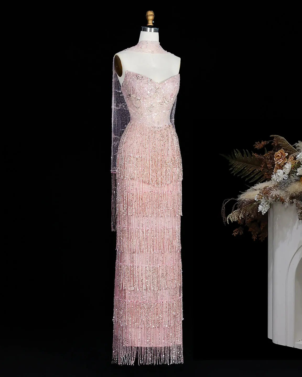 SS240 pink beaded fringe high neck evening gown