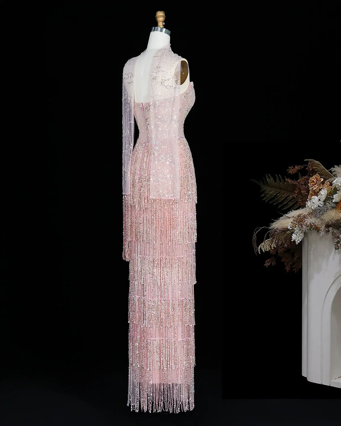 SS240 pink beaded fringe high neck evening gown