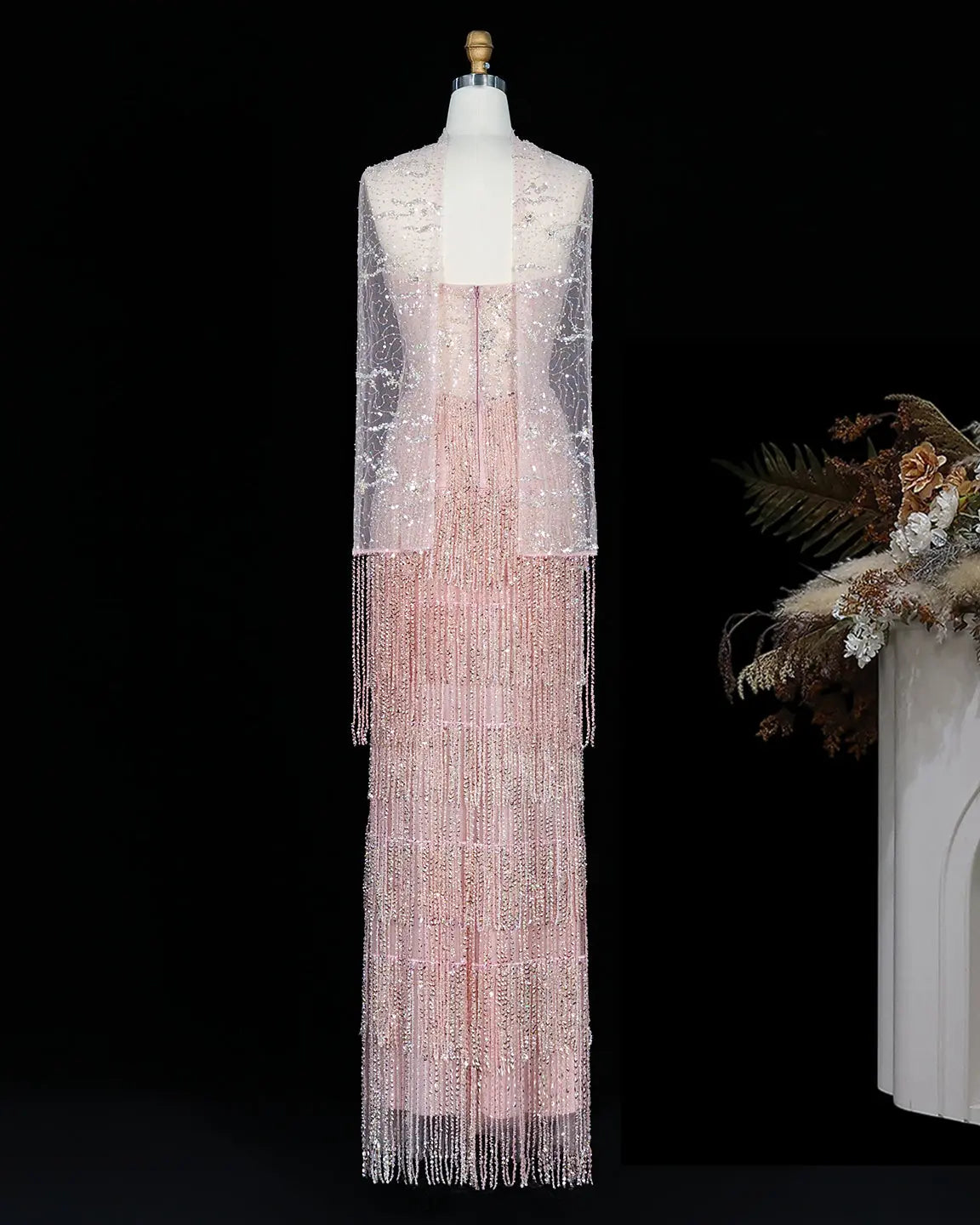 SS240 pink beaded fringe high neck evening gown