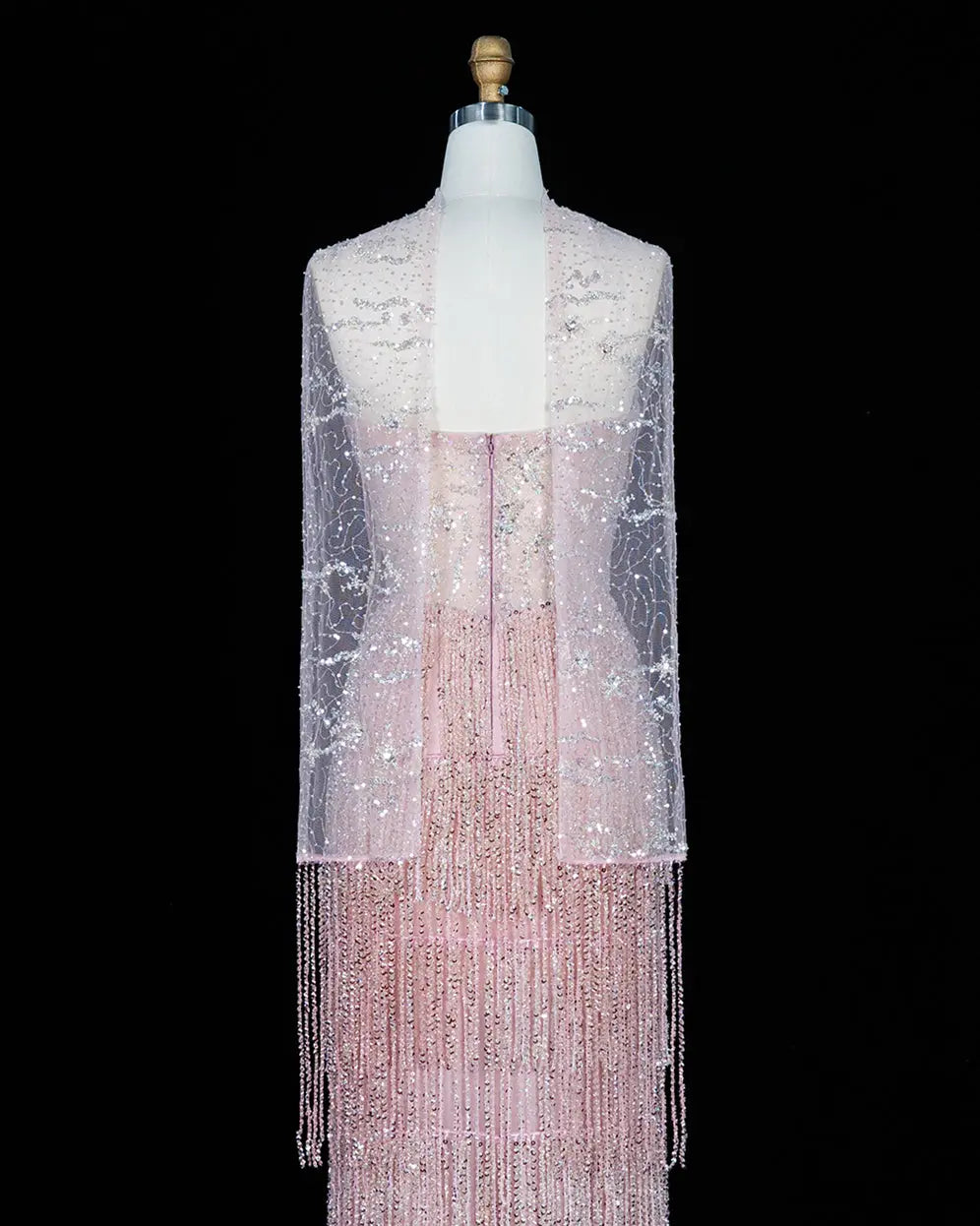 SS240 pink beaded fringe high neck evening gown