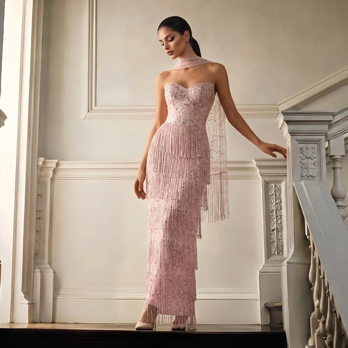SS240 pink beaded fringe high neck evening gown