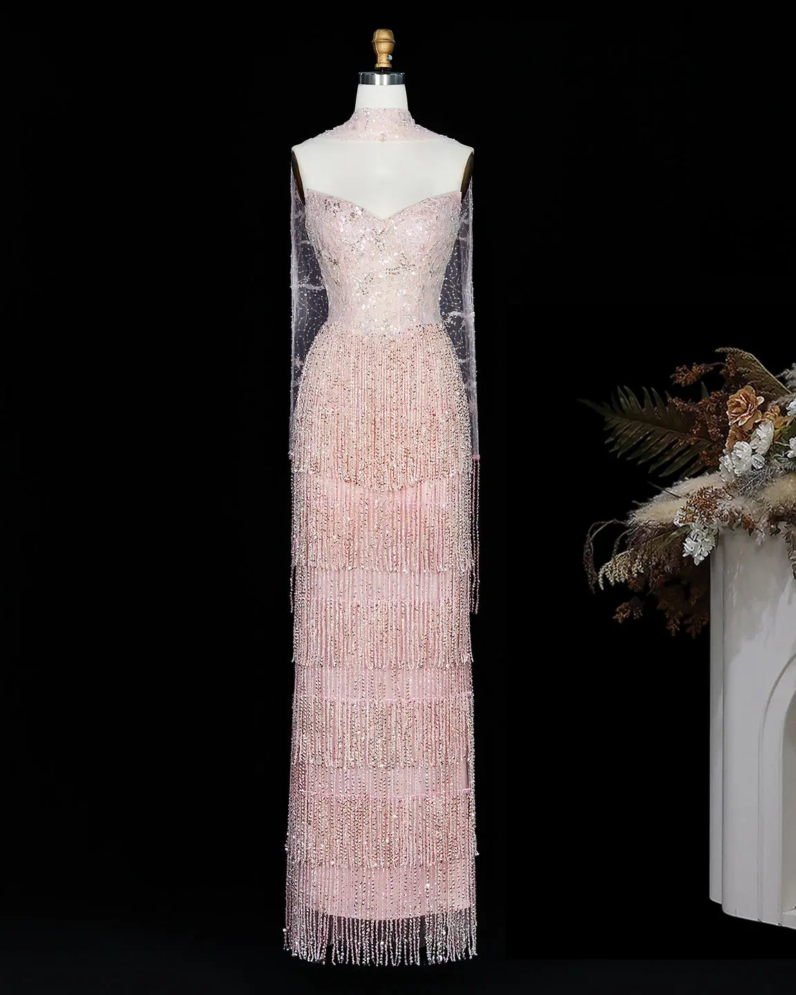 SS240 pink beaded fringe high neck evening gown