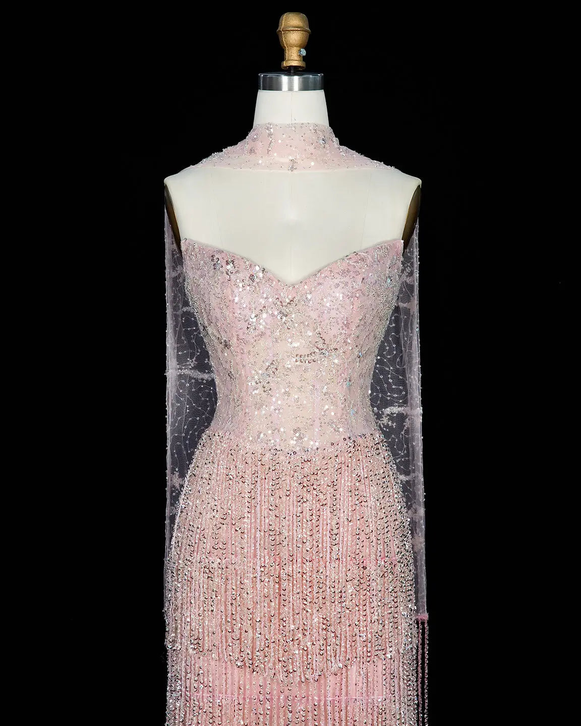 SS240 pink beaded fringe high neck evening gown