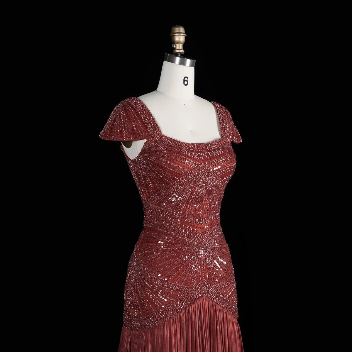 SS325 Burgundy beaded square-neck cap-sleeve mermaid evening dress
