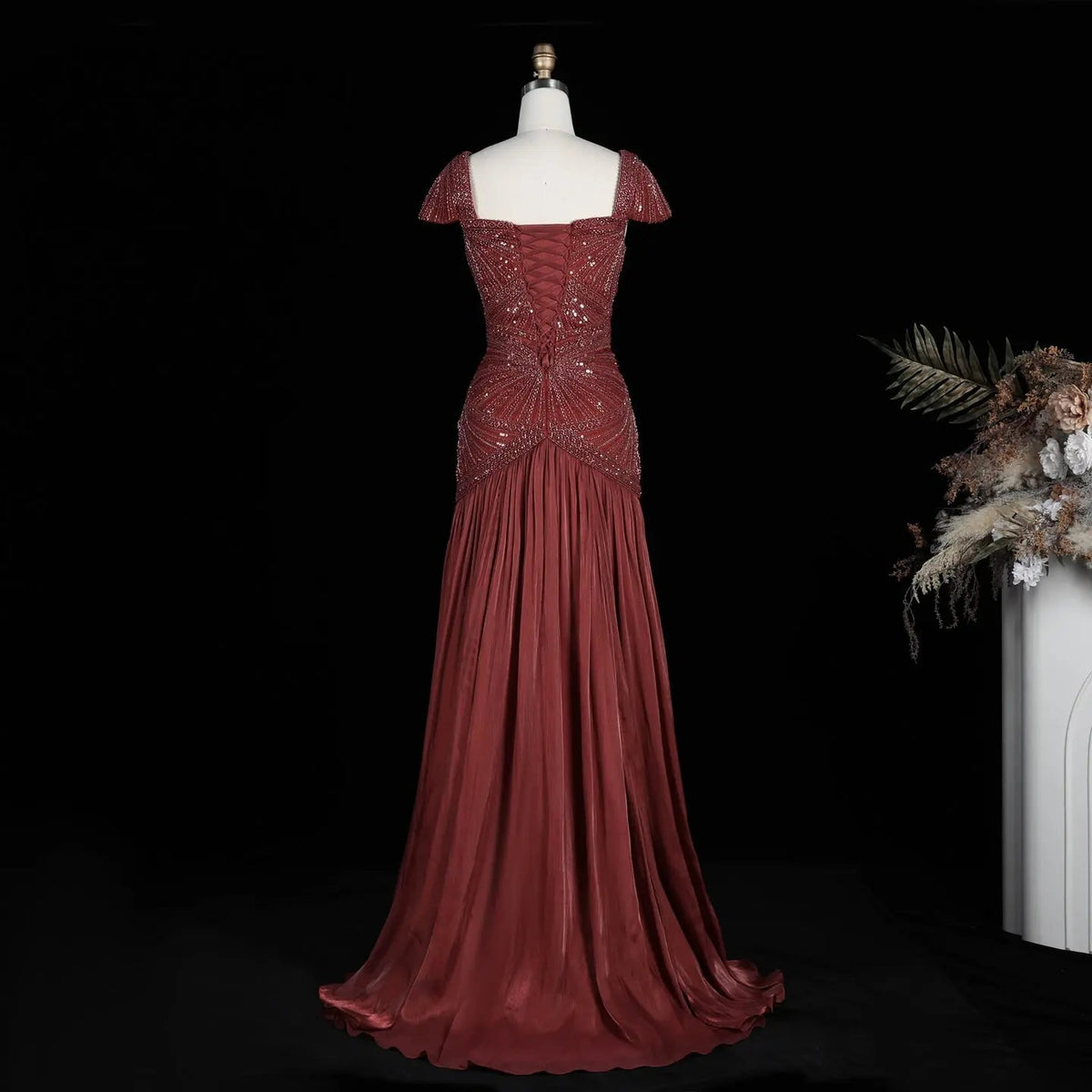 SS325 Burgundy beaded square-neck cap-sleeve mermaid evening dress