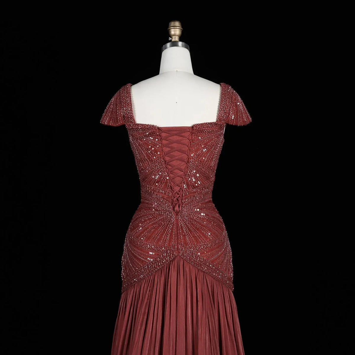 SS325 Burgundy beaded square-neck cap-sleeve mermaid evening dress