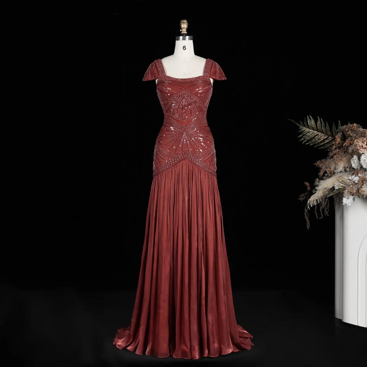SS325 Burgundy beaded square-neck cap-sleeve mermaid evening dress