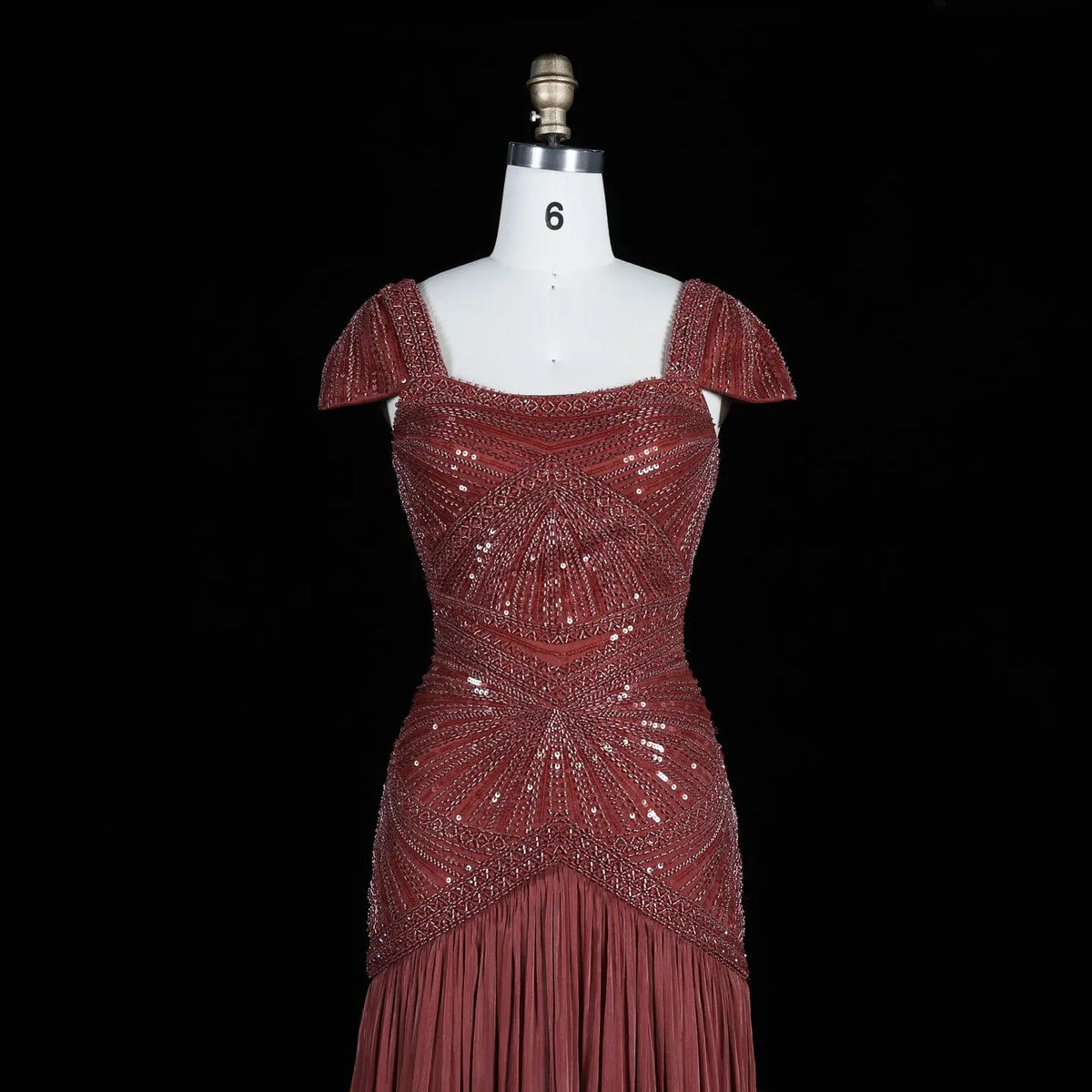 SS325 Burgundy beaded square-neck cap-sleeve mermaid evening dress