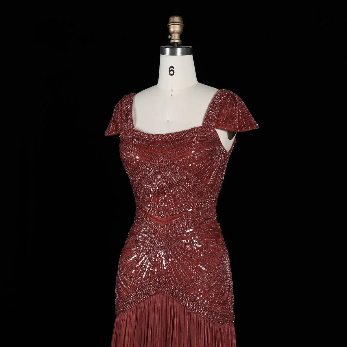 SS325 Burgundy beaded square-neck cap-sleeve mermaid evening dress