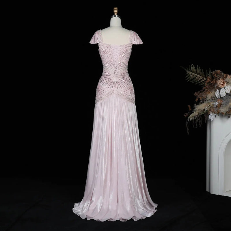 SS325 Burgundy beaded square-neck cap-sleeve mermaid evening dress