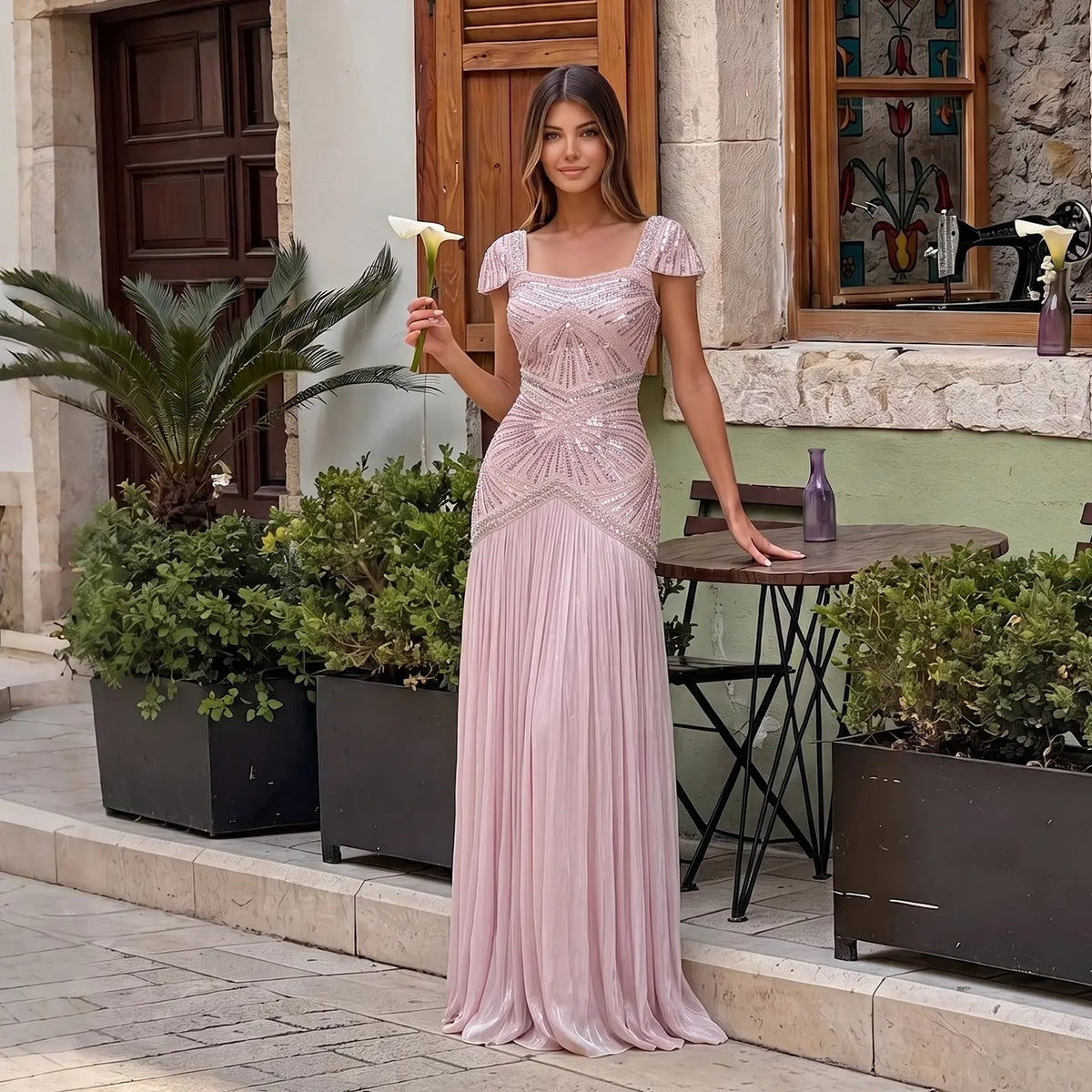 SS325 Burgundy beaded square-neck cap-sleeve mermaid evening dress