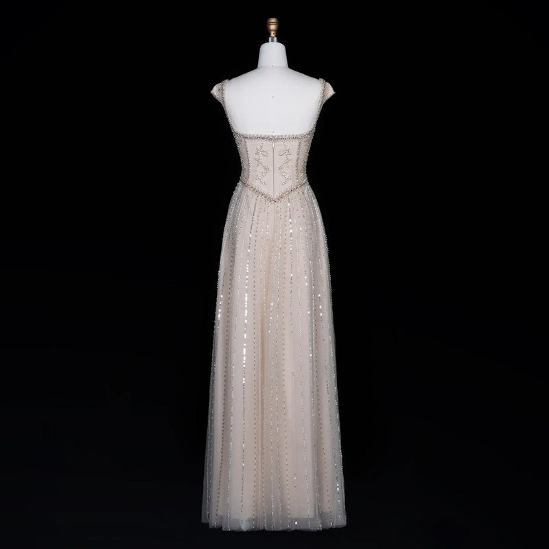 SS332 Champagne champagne beaded cap sleeve evening dress view 3