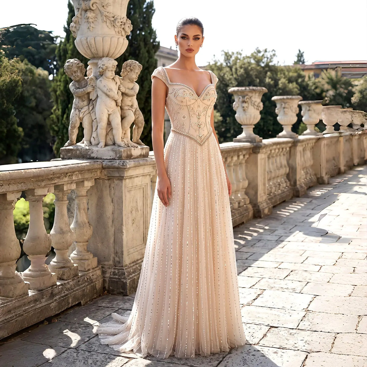 SS332 Champagne champagne beaded cap sleeve evening dress view 8