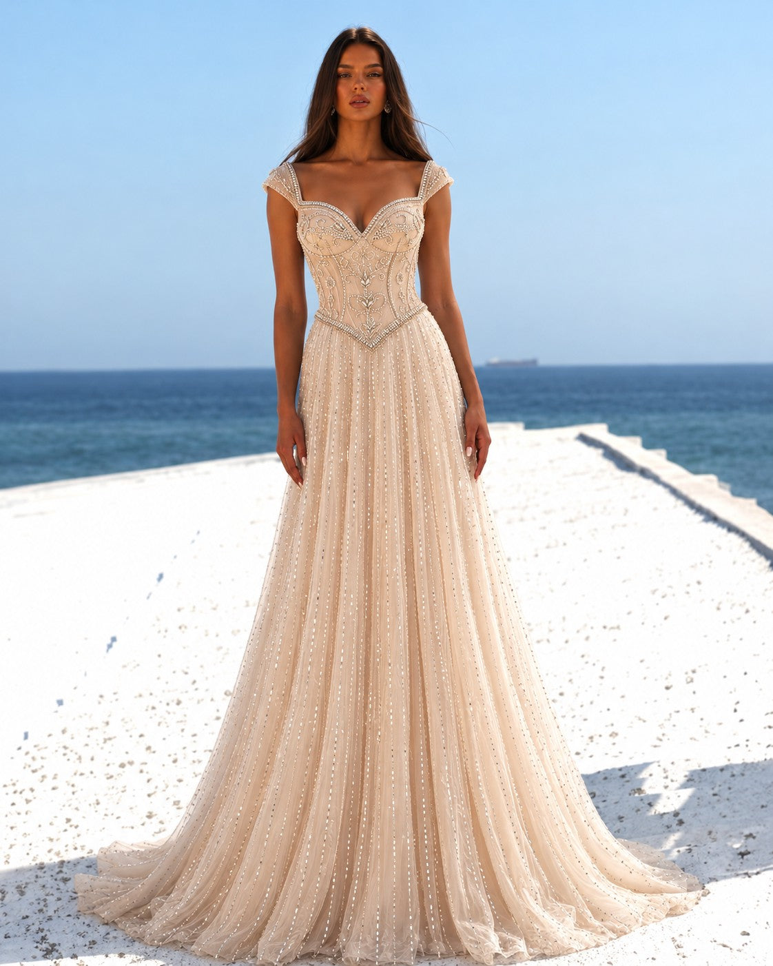 SS332 Champagne champagne beaded cap sleeve evening dress view 9