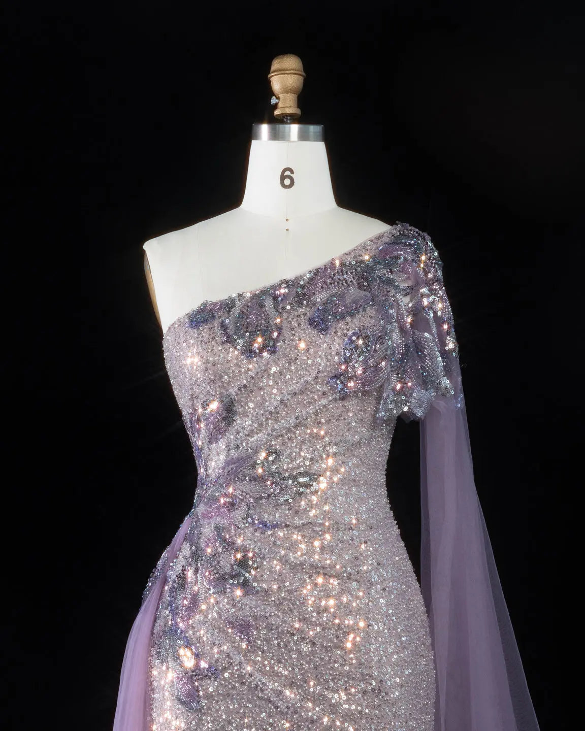 SS537 purple sequin one shoulder cape evening gown