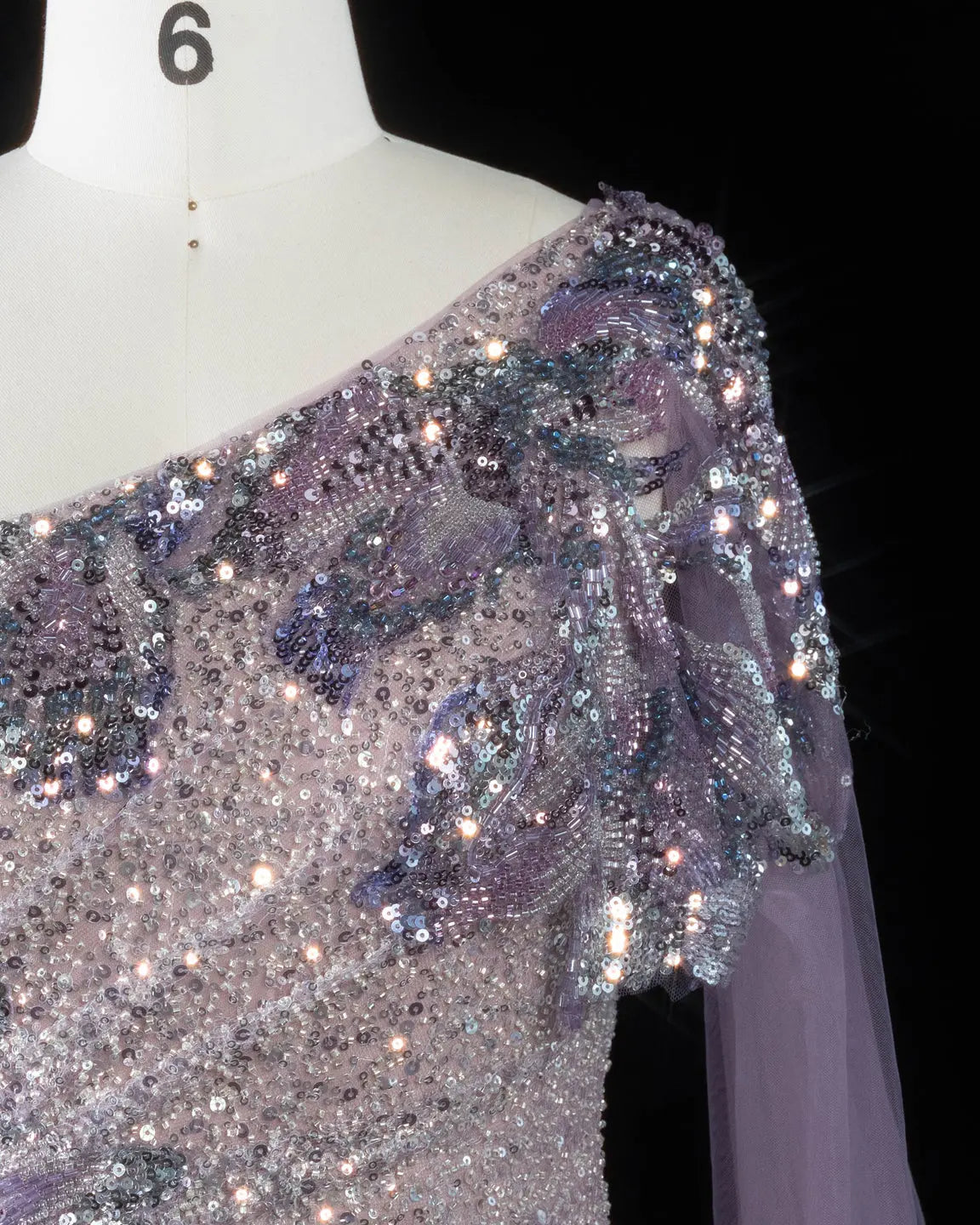 SS537 purple sequin one shoulder cape evening gown