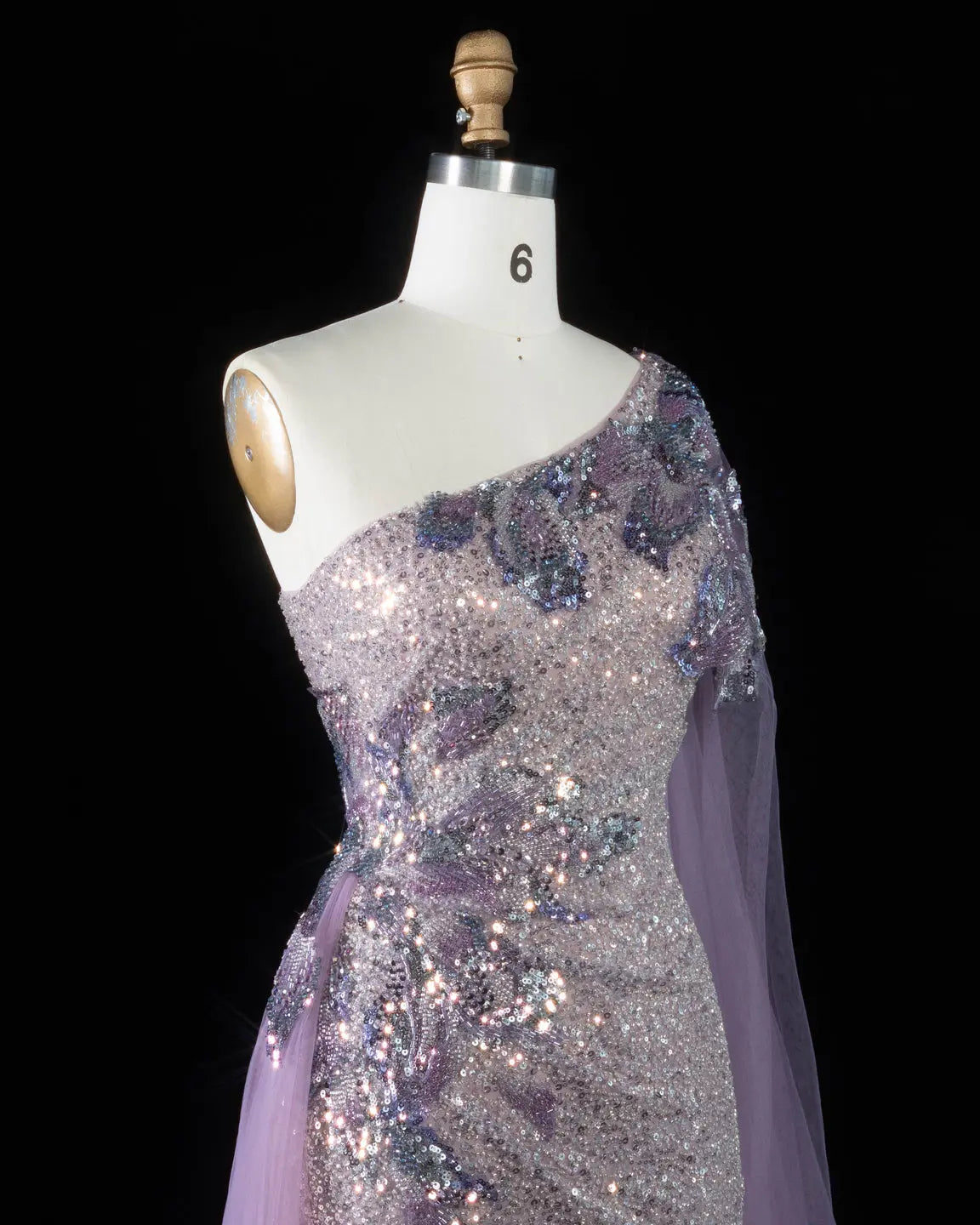 SS537 purple sequin one shoulder cape evening gown