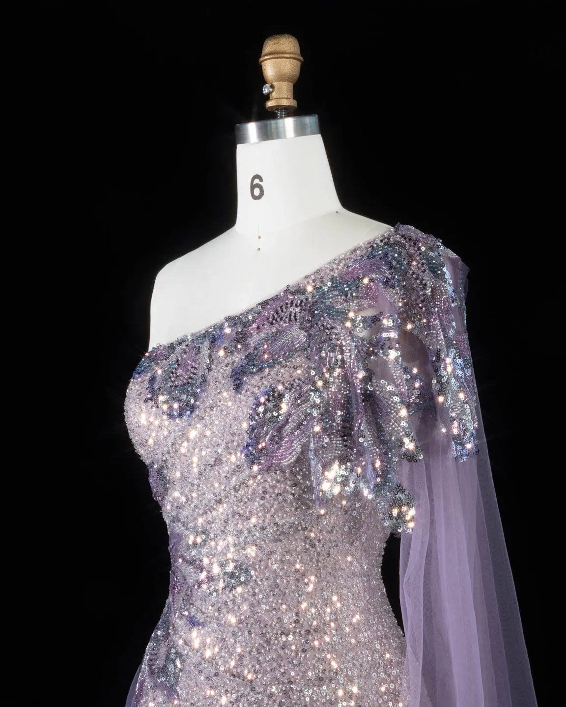 SS537 purple sequin one shoulder cape evening gown