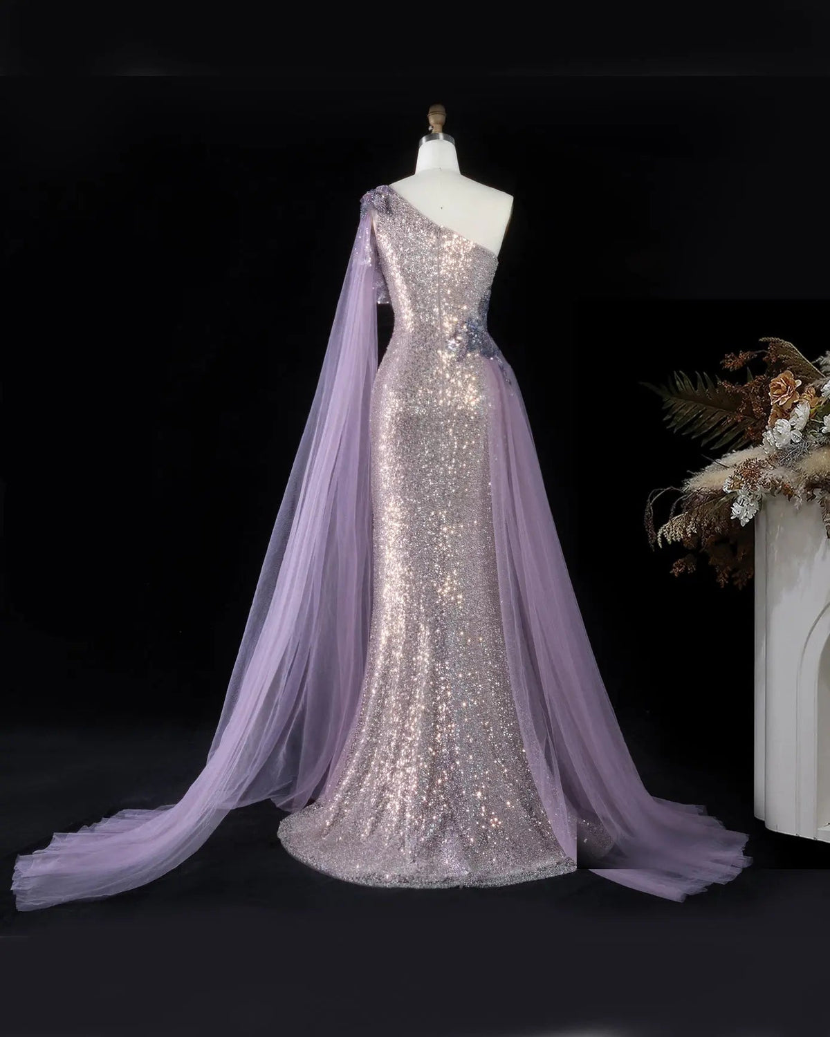 SS537 purple sequin one shoulder cape evening gown