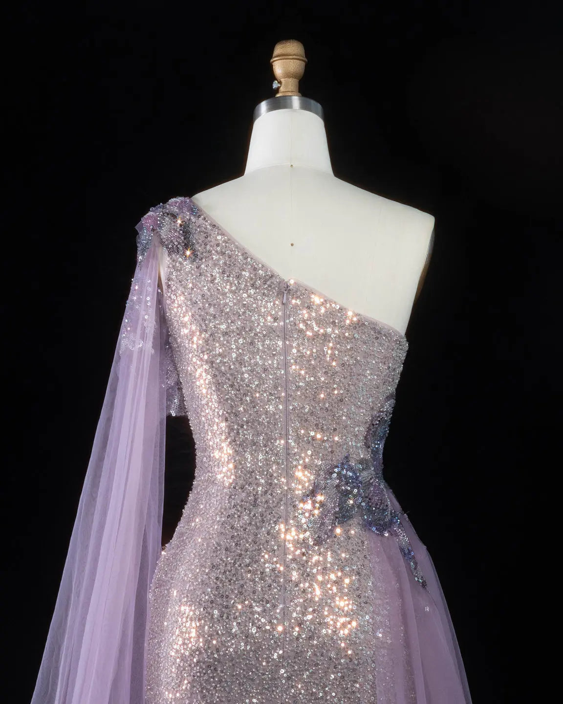 SS537 purple sequin one shoulder cape evening gown
