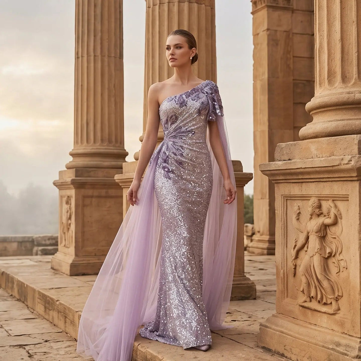 SS537 purple sequin one shoulder cape evening gown