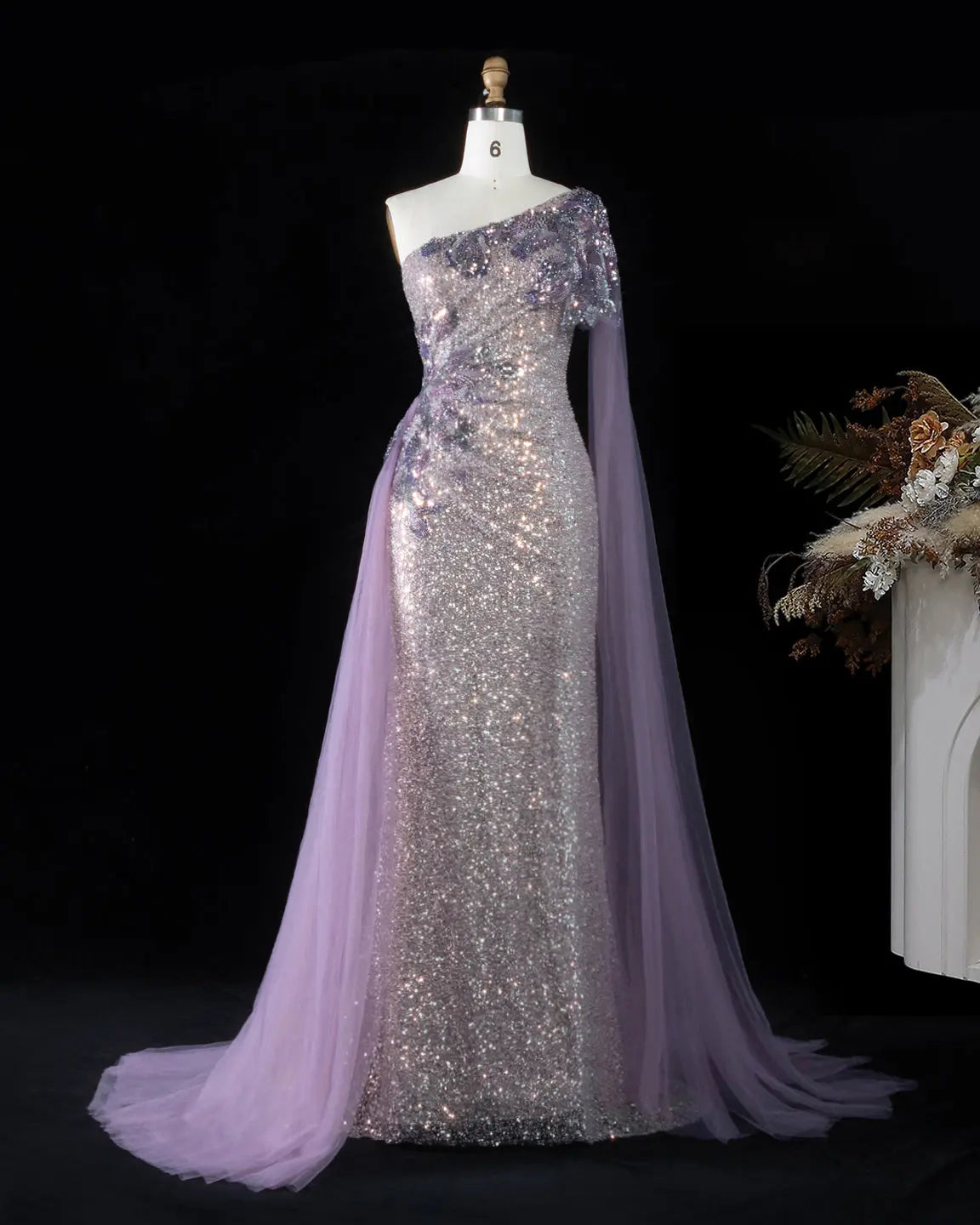 SS537 purple sequin one shoulder cape evening gown