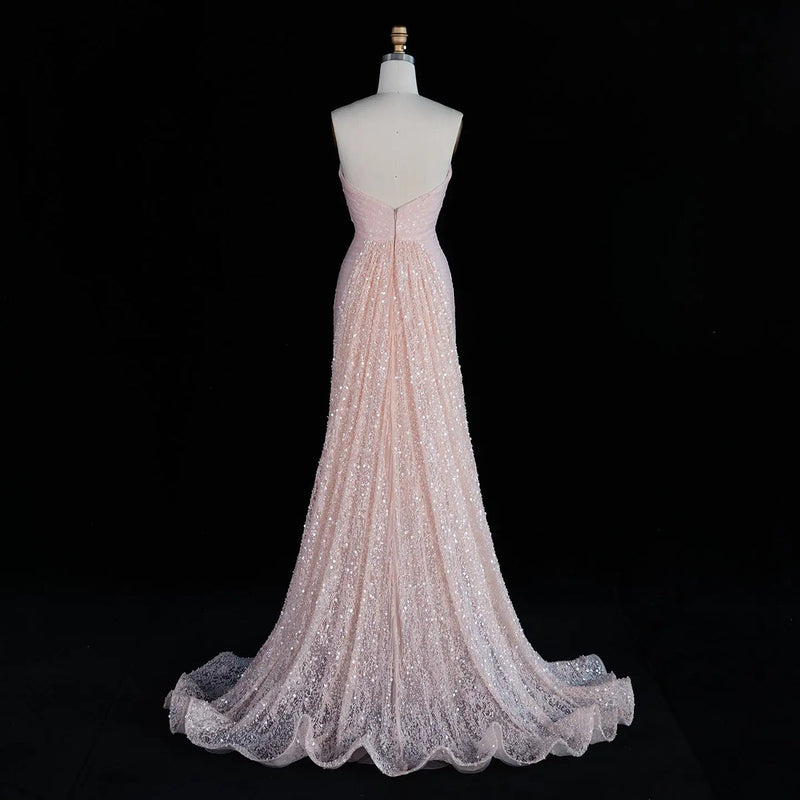 SS607 Blush Pink sequin cape fitted evening dress view 3