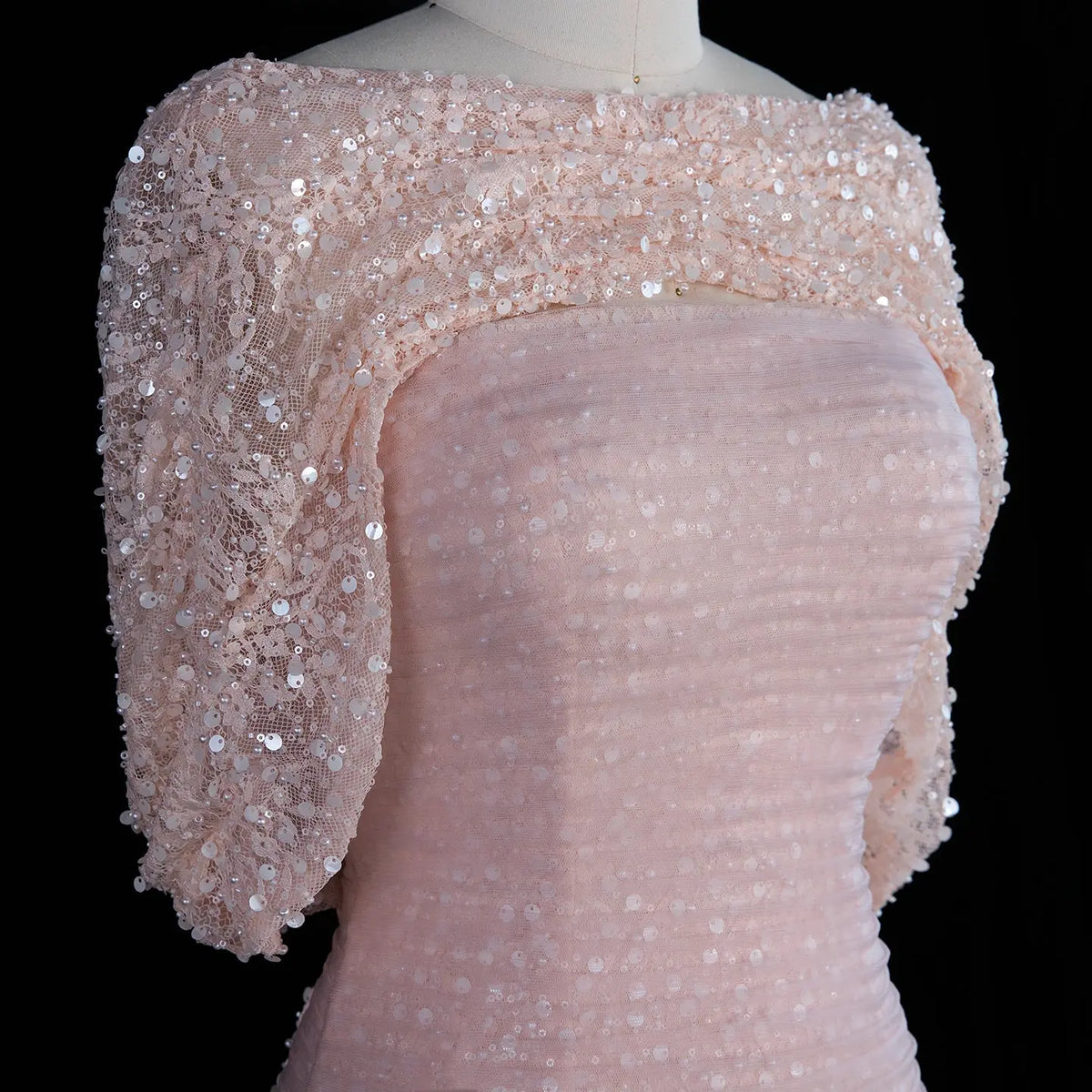SS607 Blush Pink sequin cape fitted evening dress view 4