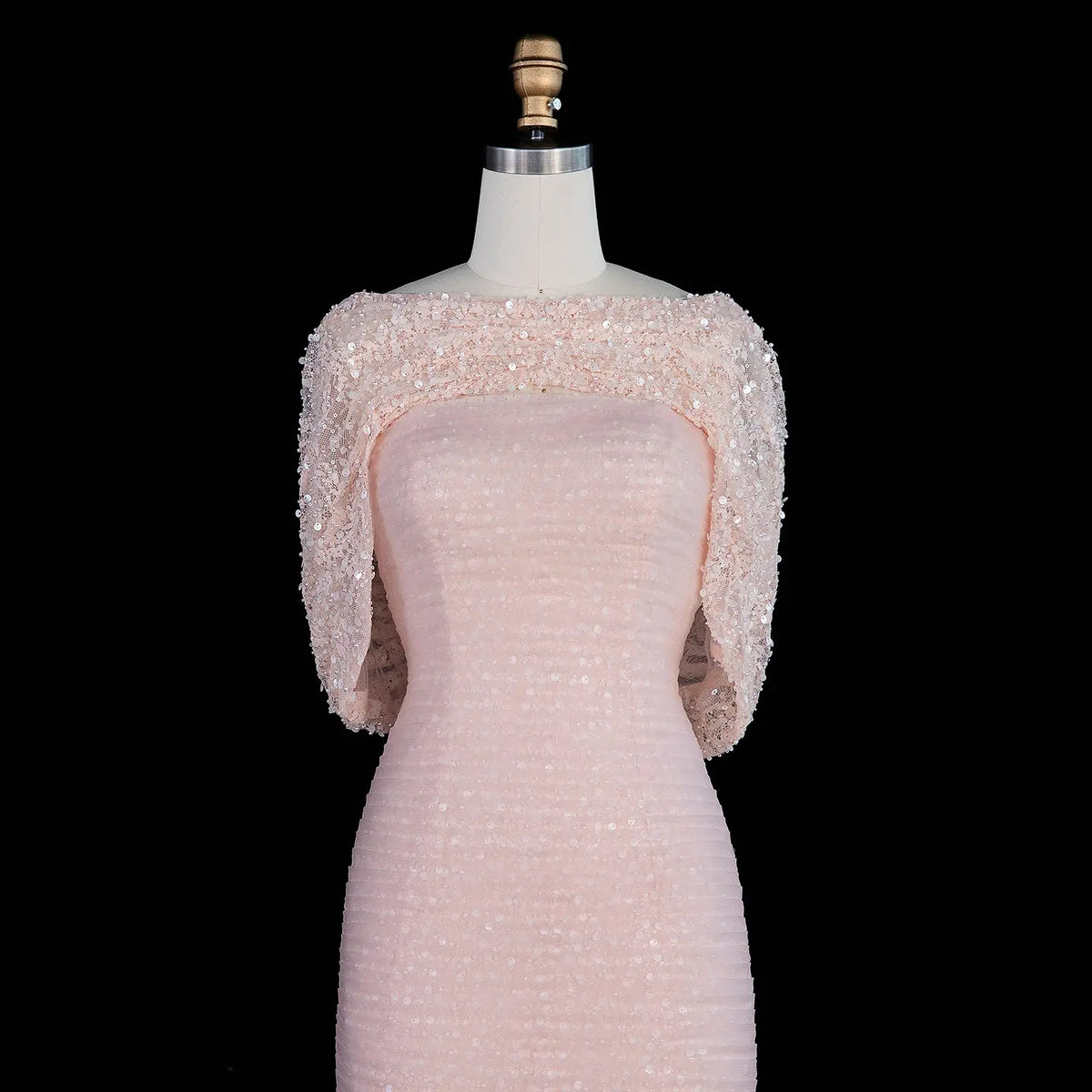 SS607 Blush Pink sequin cape fitted evening dress view 6