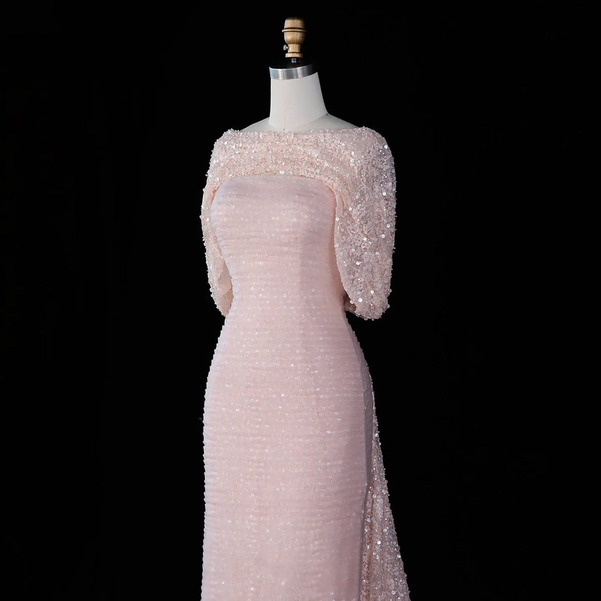 SS607 Blush Pink sequin cape fitted evening dress view 7