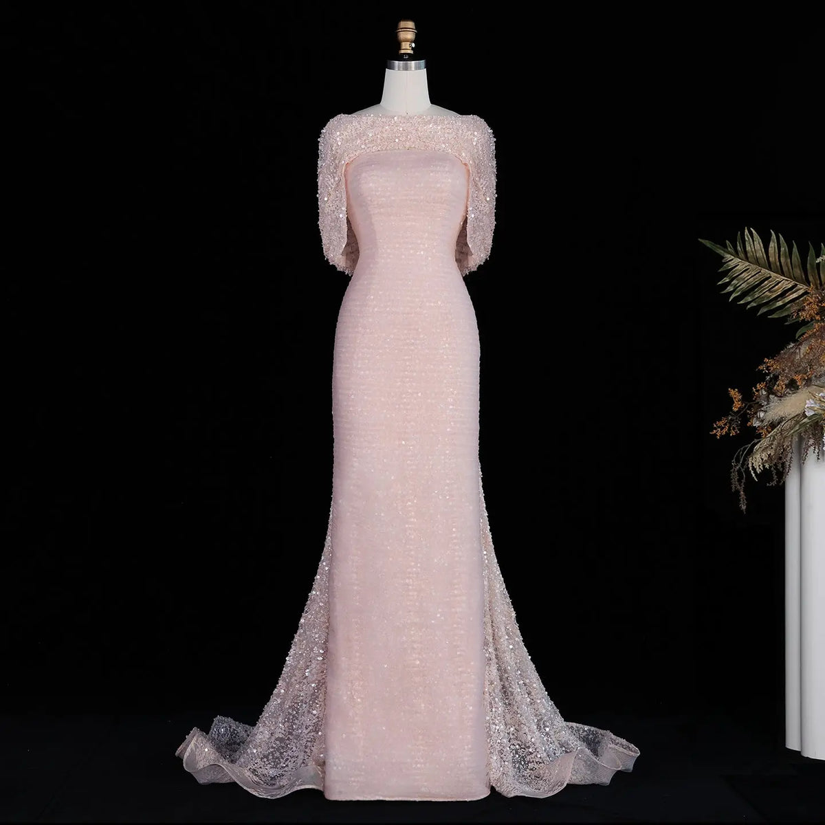 SS607 Blush Pink sequin cape fitted evening dress view 8
