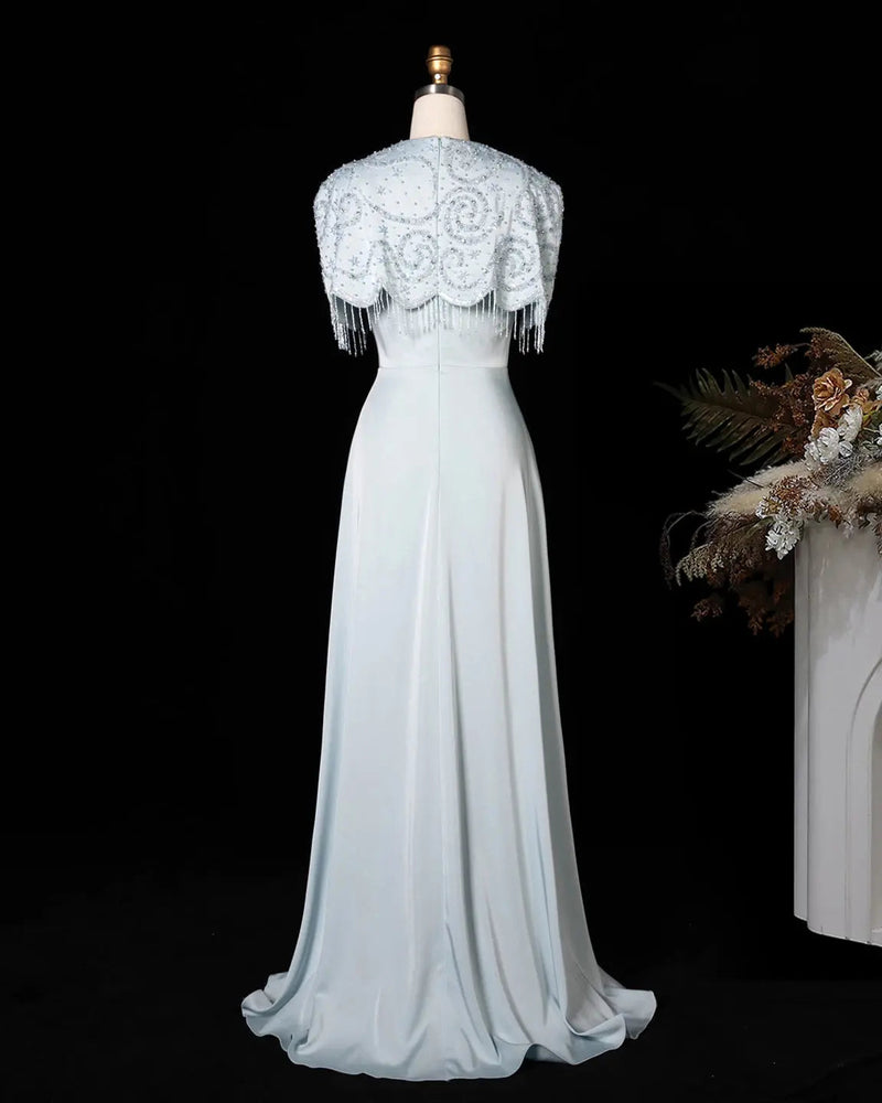 SS614 beaded fringe chiffon cape evening dress