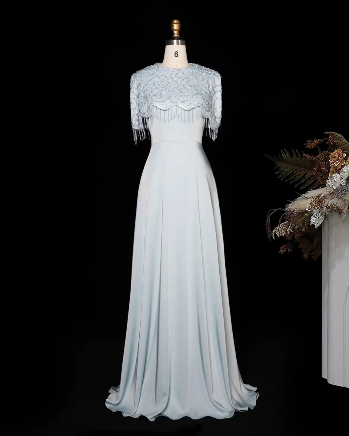 SS614 beaded fringe chiffon cape evening dress
