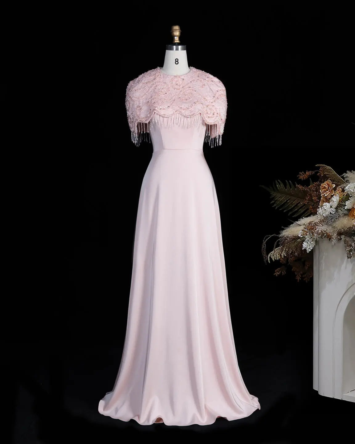 SS614 beaded fringe chiffon cape evening dress