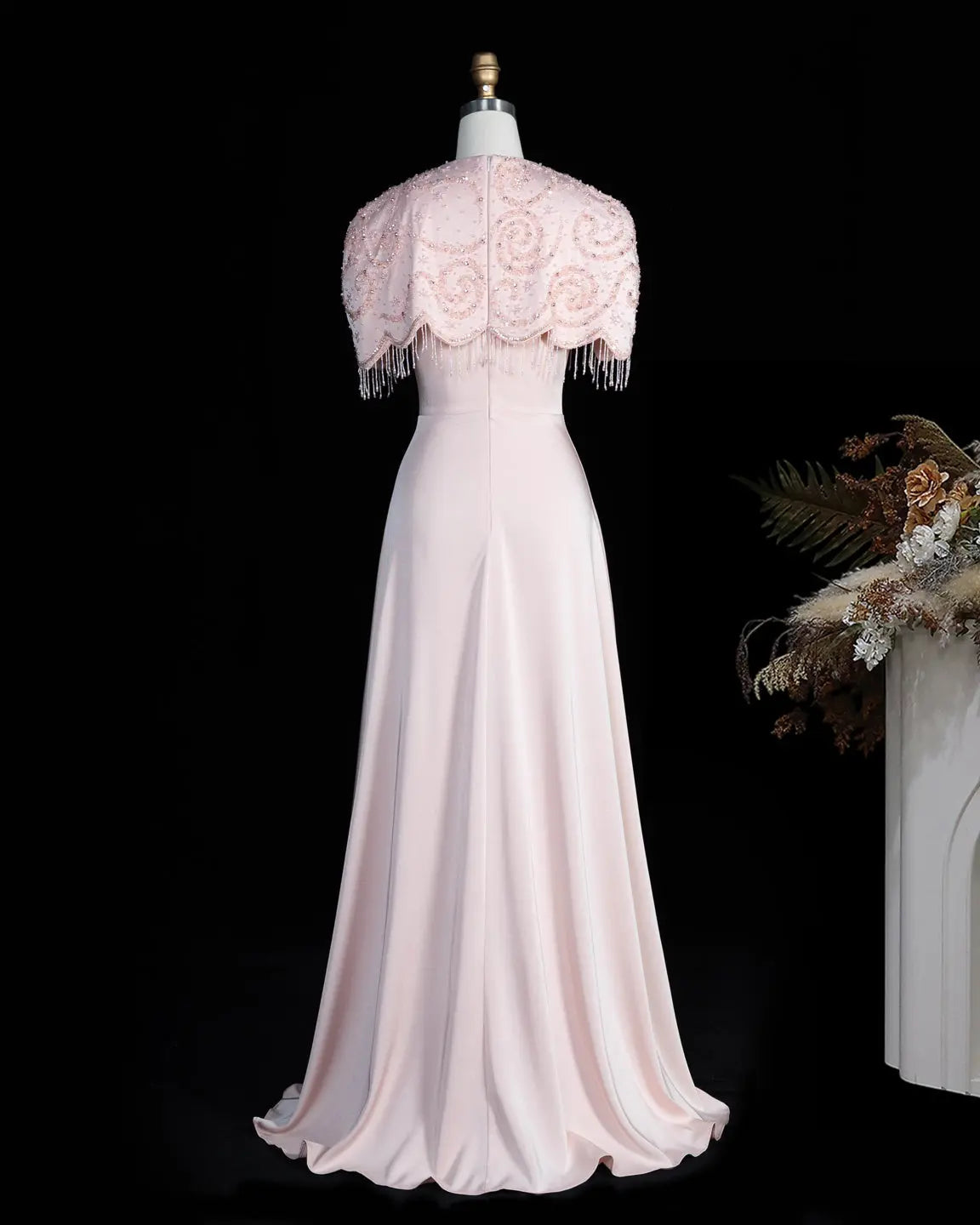 SS614 beaded fringe chiffon cape evening dress