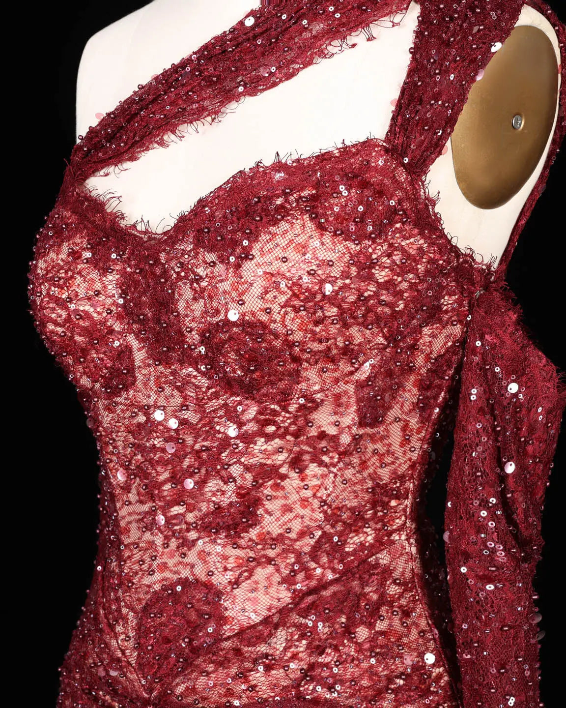 SS623 Wine Red asymmetric sequin lace evening dress view 2