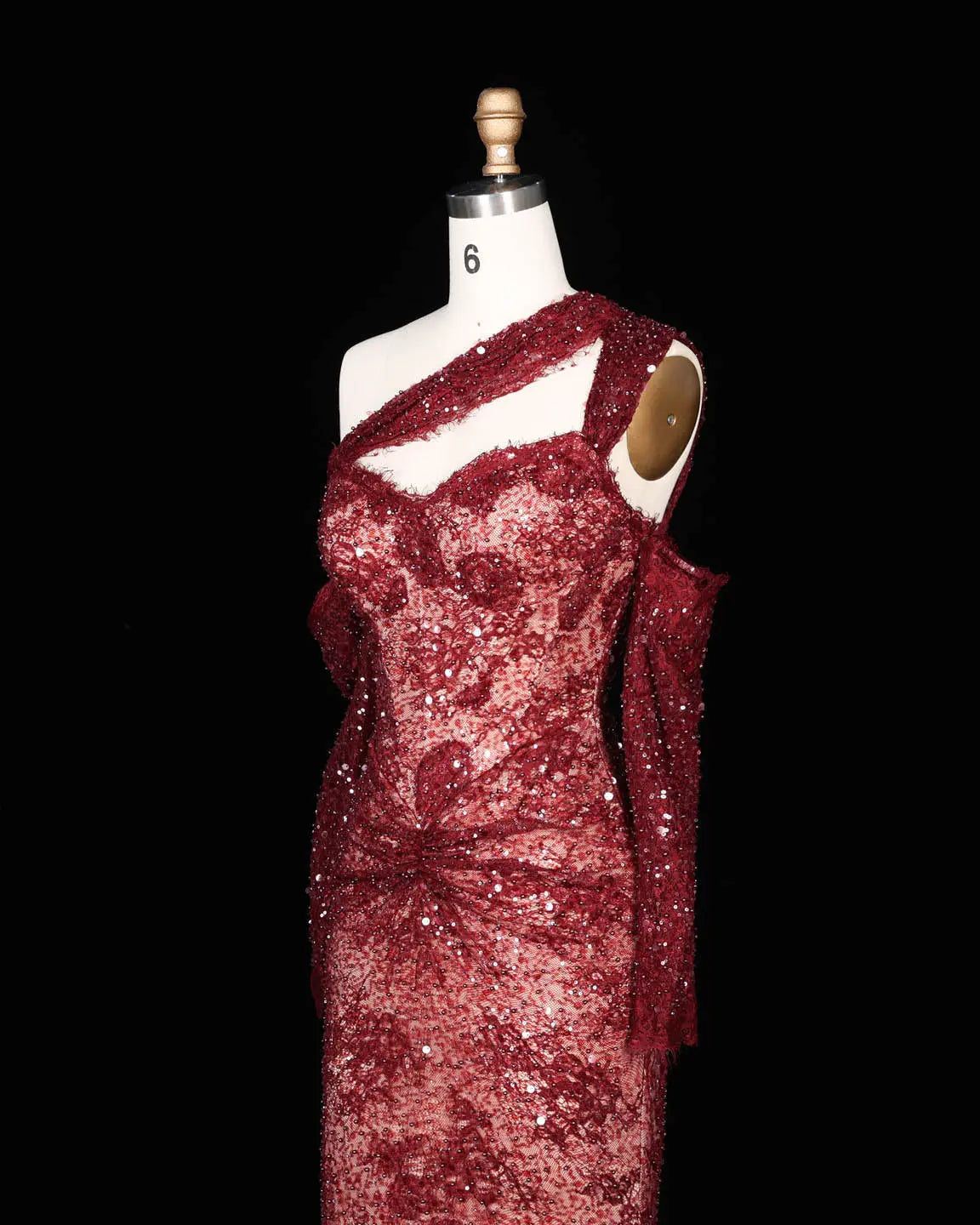 SS623 Wine Red asymmetric sequin lace evening dress view 3