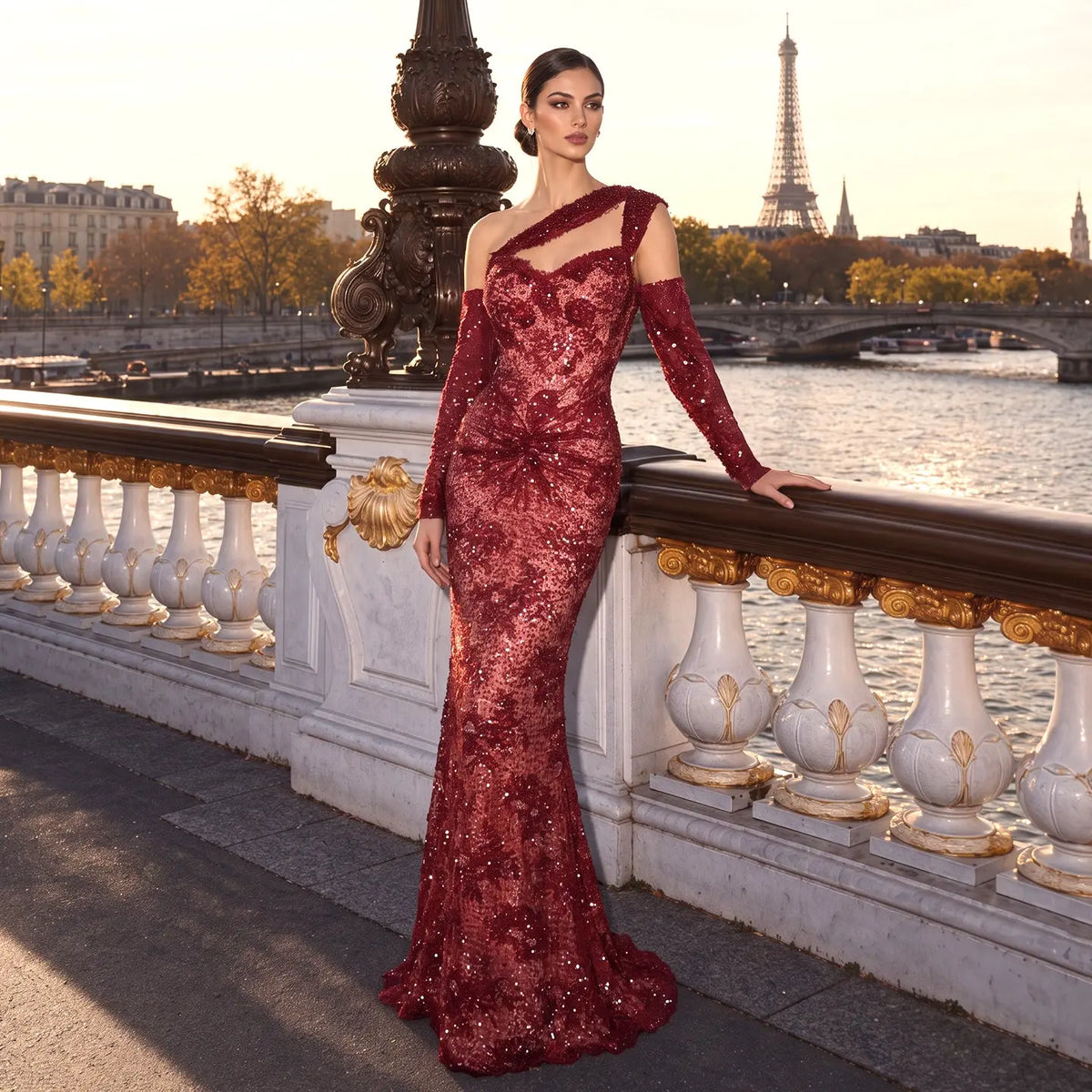 SS623 Wine Red asymmetric sequin lace evening dress view 4