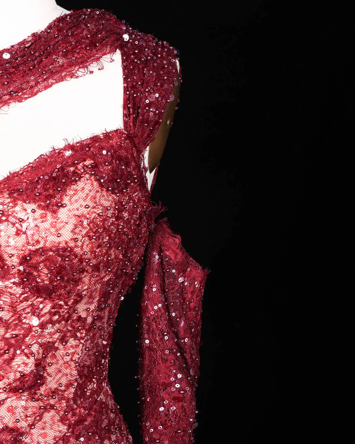SS623 Wine Red asymmetric sequin lace evening dress view 5