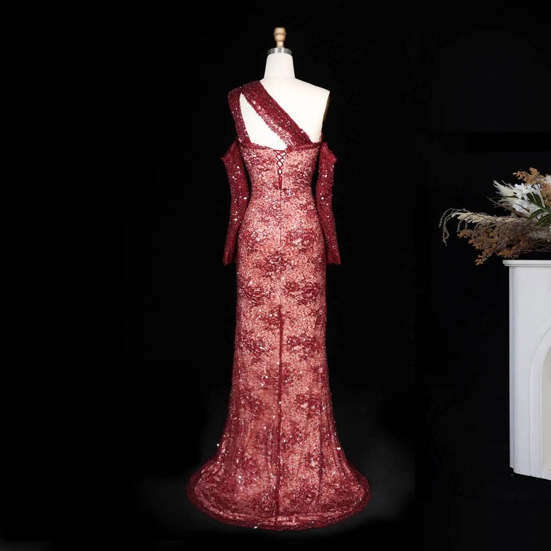 SS623 Wine Red asymmetric sequin lace evening dress view 7