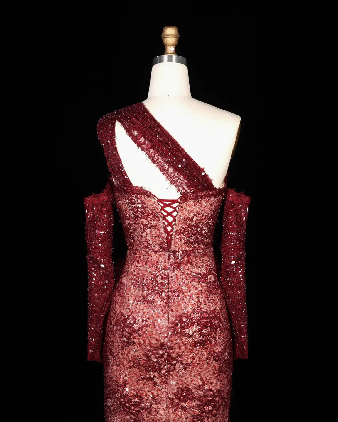 SS623 Wine Red asymmetric sequin lace evening dress view 8
