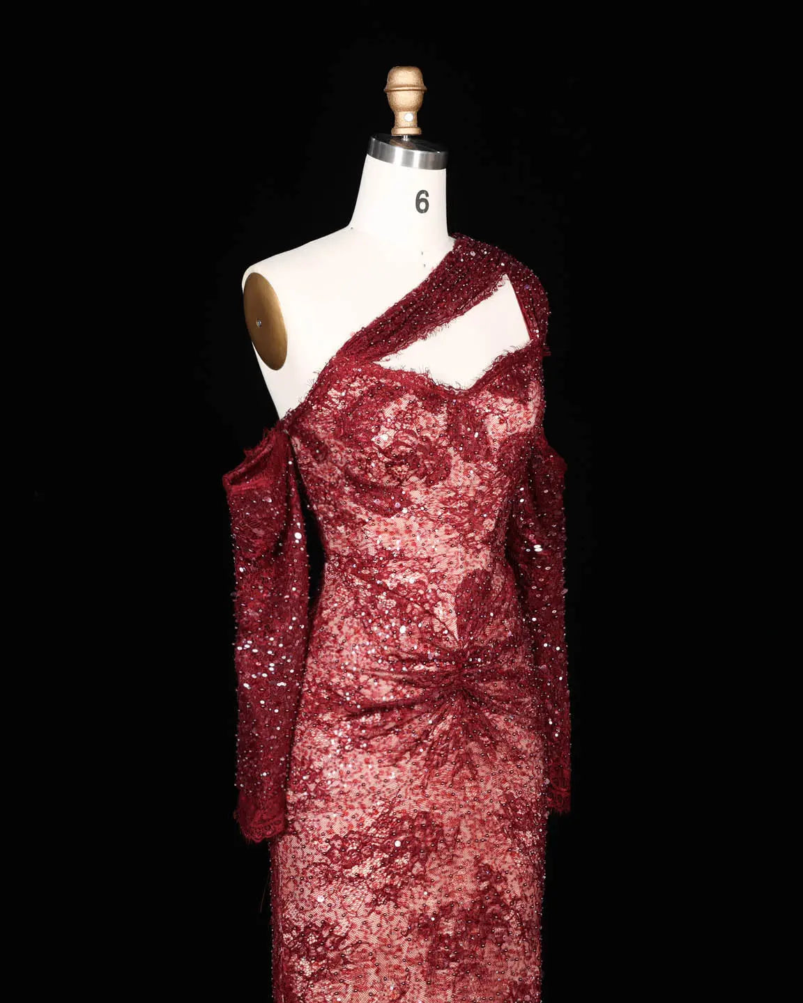 SS623 Wine Red asymmetric sequin lace evening dress view 9