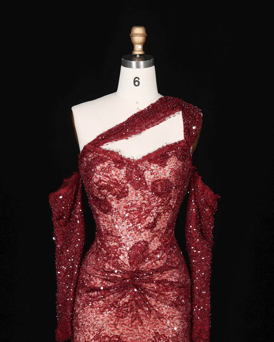 SS623 Wine Red asymmetric sequin lace evening dress view 10