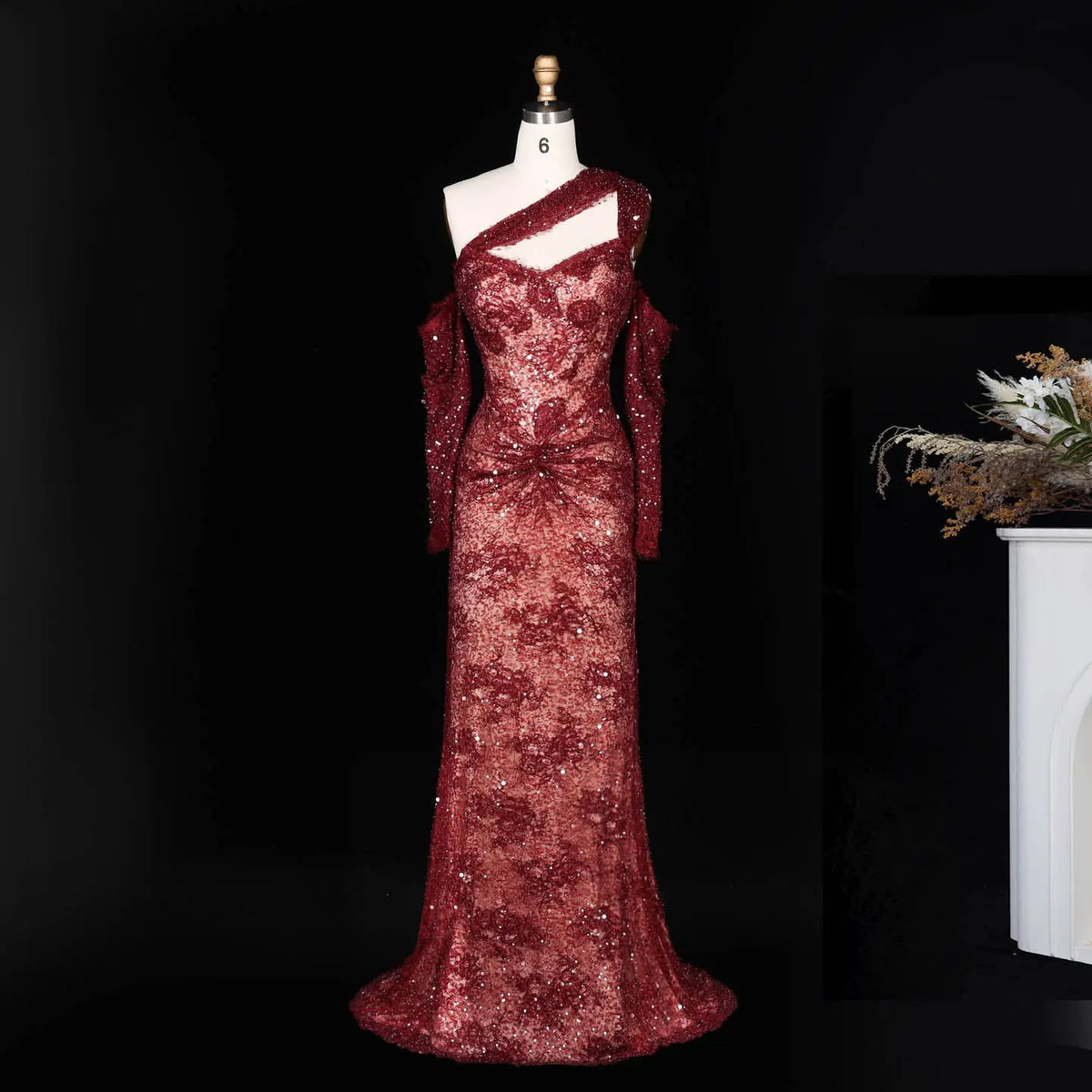 SS623 Wine Red asymmetric sequin lace evening dress view 11