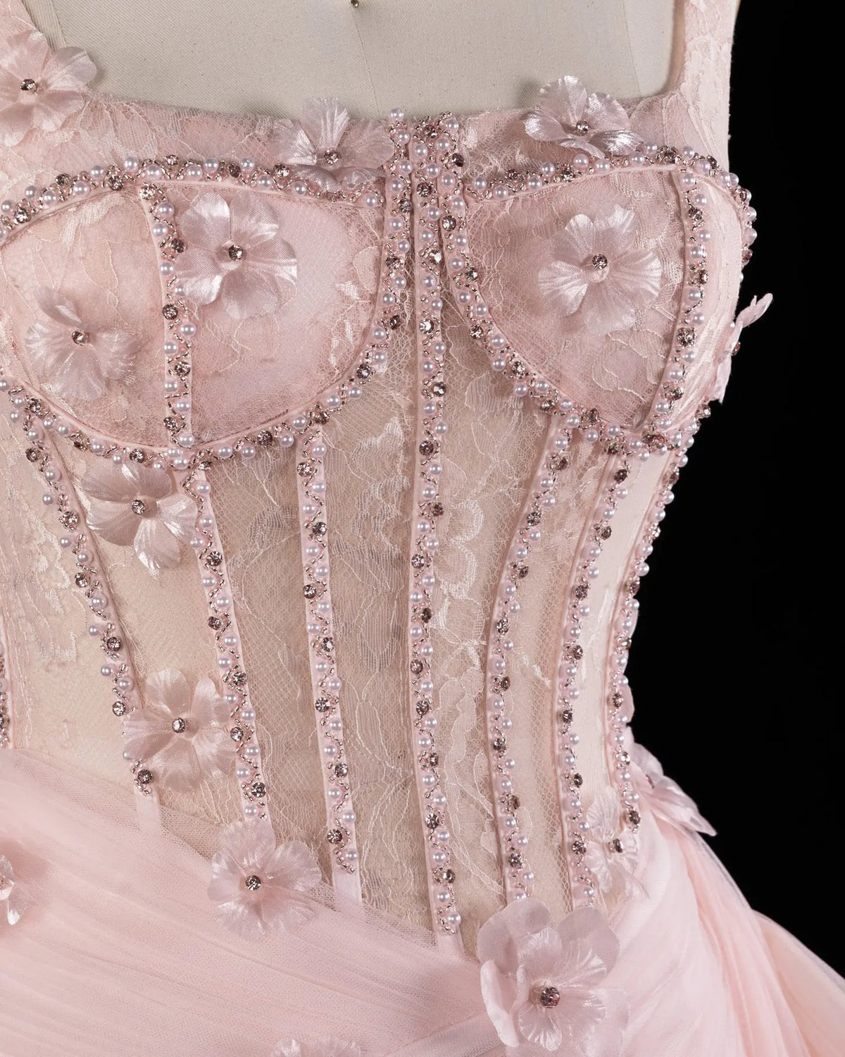 SS671 Pink floral corset tulle evening dress view 3