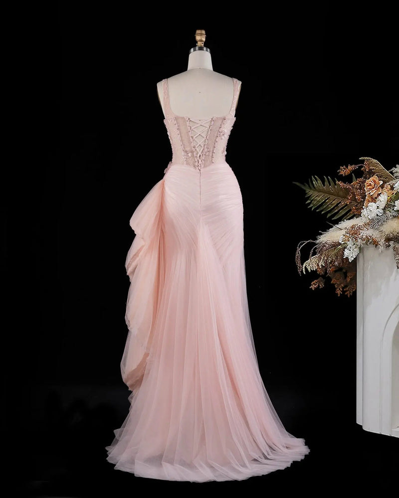 SS671 Pink floral corset tulle evening dress view 7