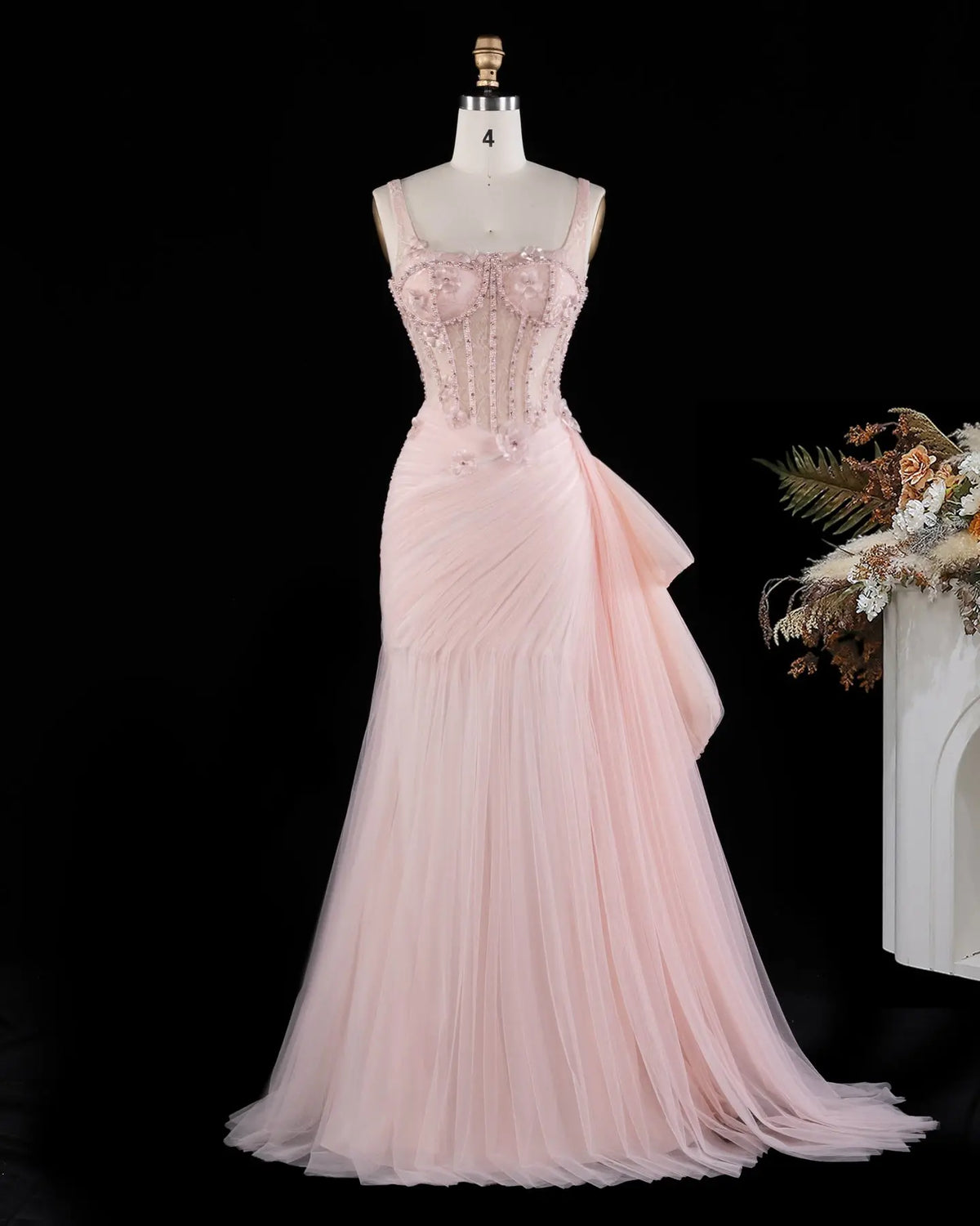SS671 Pink floral corset tulle evening dress view 8