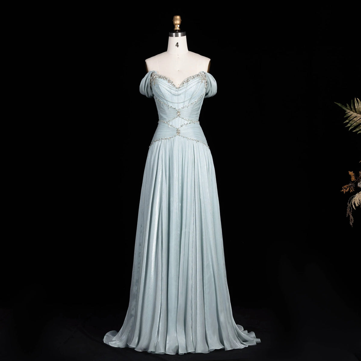 SS673 Ice Blue off-the-shoulder beaded evening dress