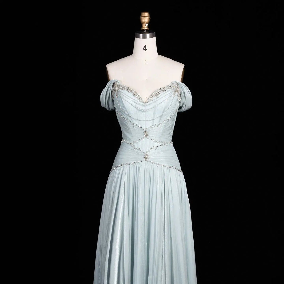 SS673 Ice Blue off-the-shoulder beaded evening dress
