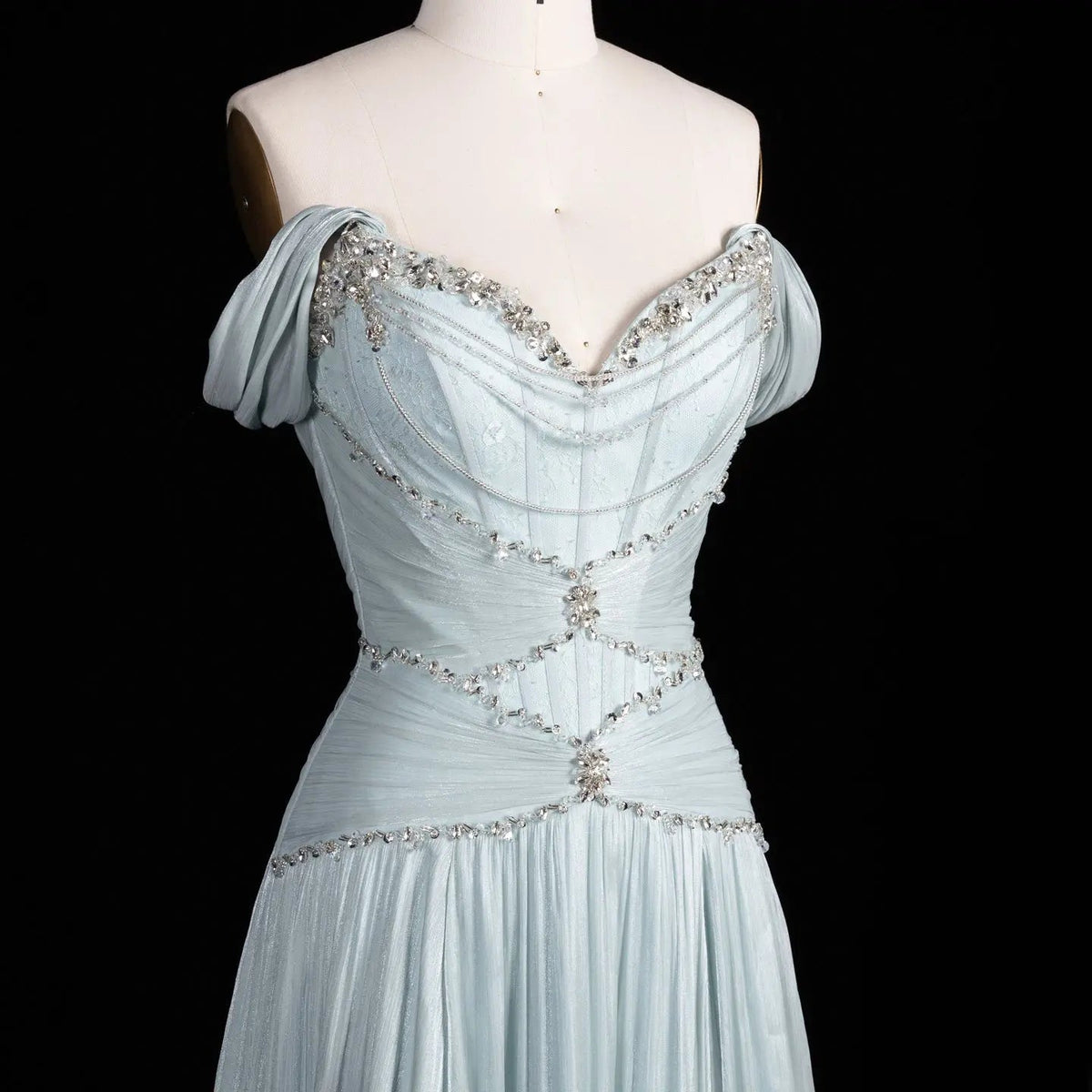 SS673 Ice Blue off-the-shoulder beaded evening dress
